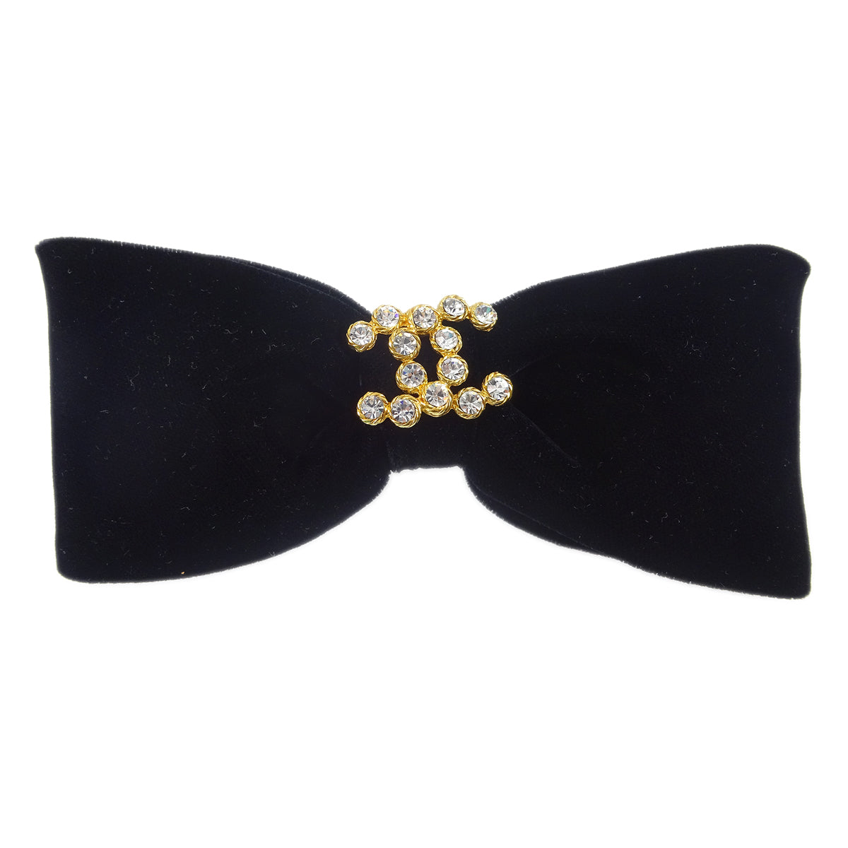 Chanel Velvet Bow Rhinestone Hair Barrette Black