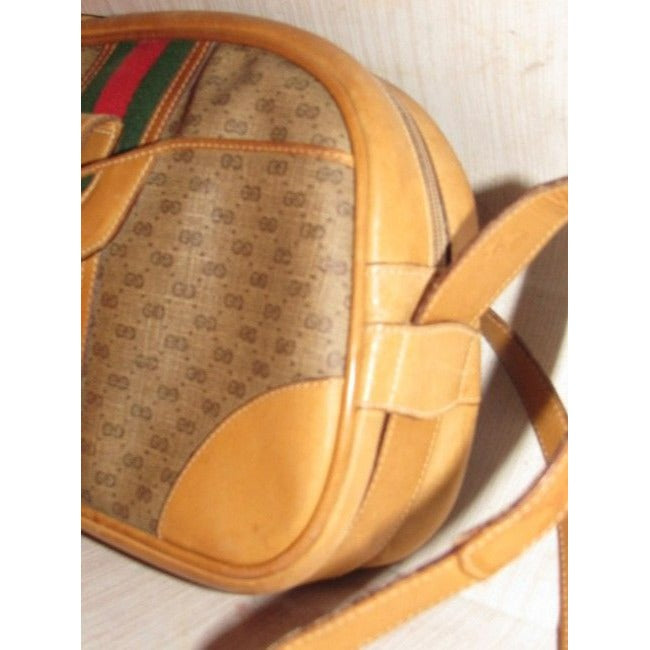 Gucci Gucci, unique, RARE, camel leather & brown small G logo, coated canvas, top zip, camera bag/bowler style, cross body