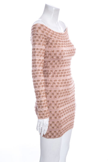 Herve Leger Nude Off the Shoulder Mini Dress SZ S NWT