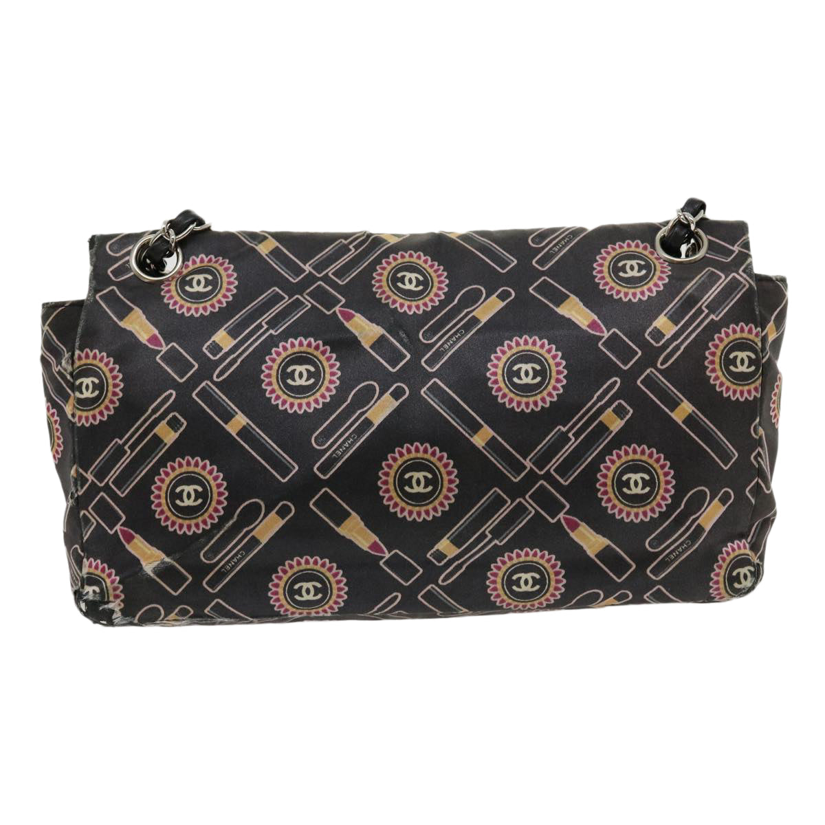 Chanel Lip Chain Turn Lock Shoulder Bag Satin Black CC  30892