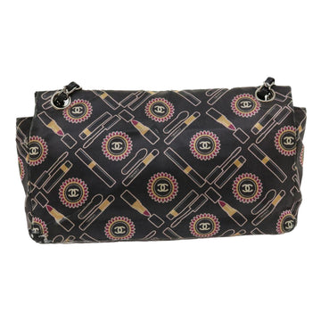 Chanel Lip Chain Turn Lock Shoulder Bag Satin Black CC Auth 30892