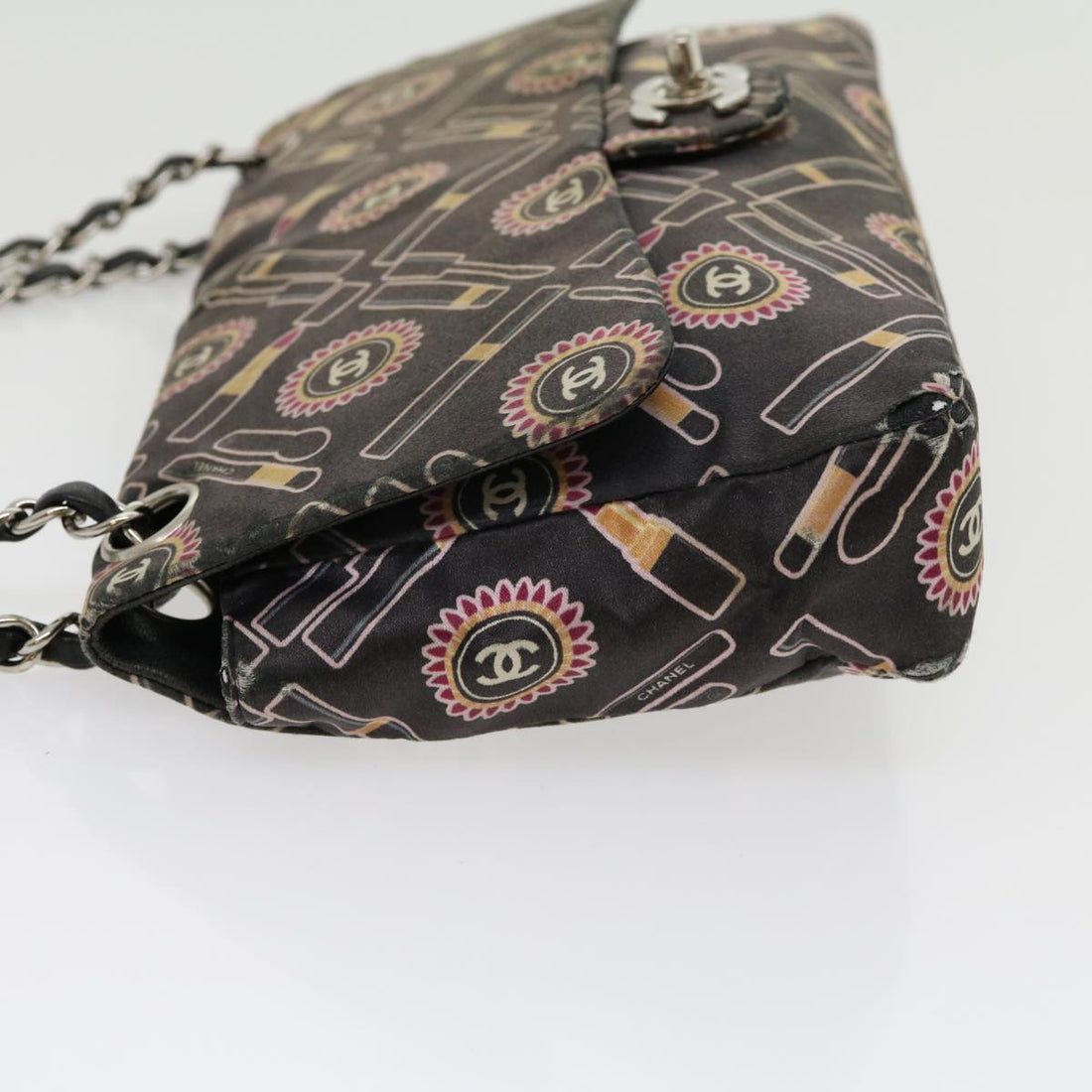 Chanel Lip Chain Turn Lock Shoulder Bag Satin Black CC Auth 30892