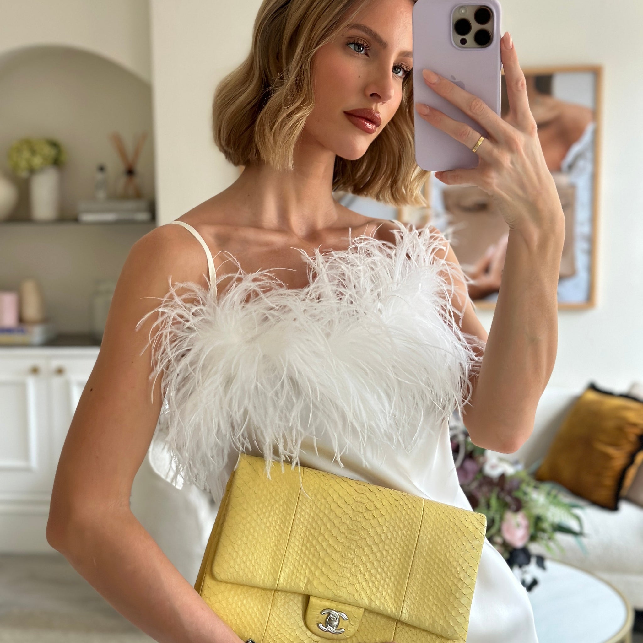 Chanel Light Yellow Timeless Clutch on Chain in Python with Silver Hardware