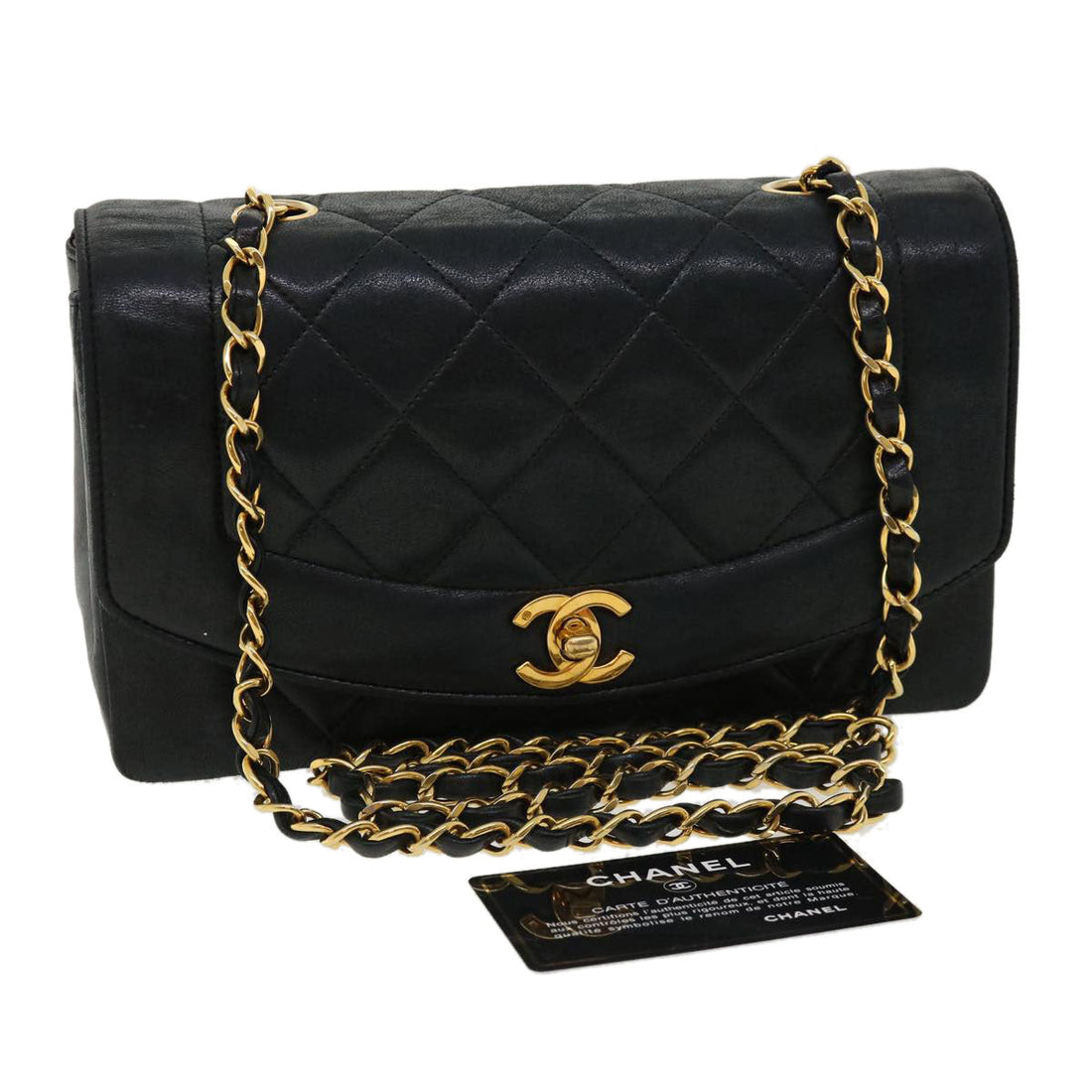 Chanel Diana Matelasse Shoulder Bag Lamb Skin Black CC  31443