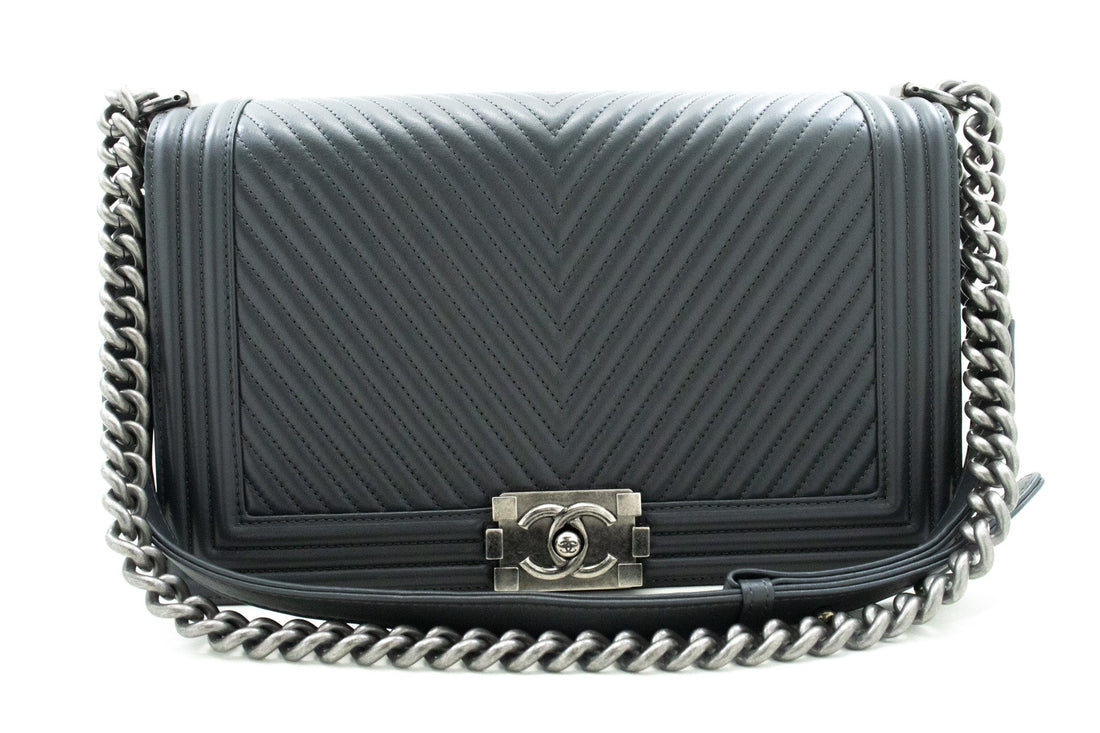 CHANEL Boy Dark Gray V-Stitch Chain Shoulder Bag Quilted Flap