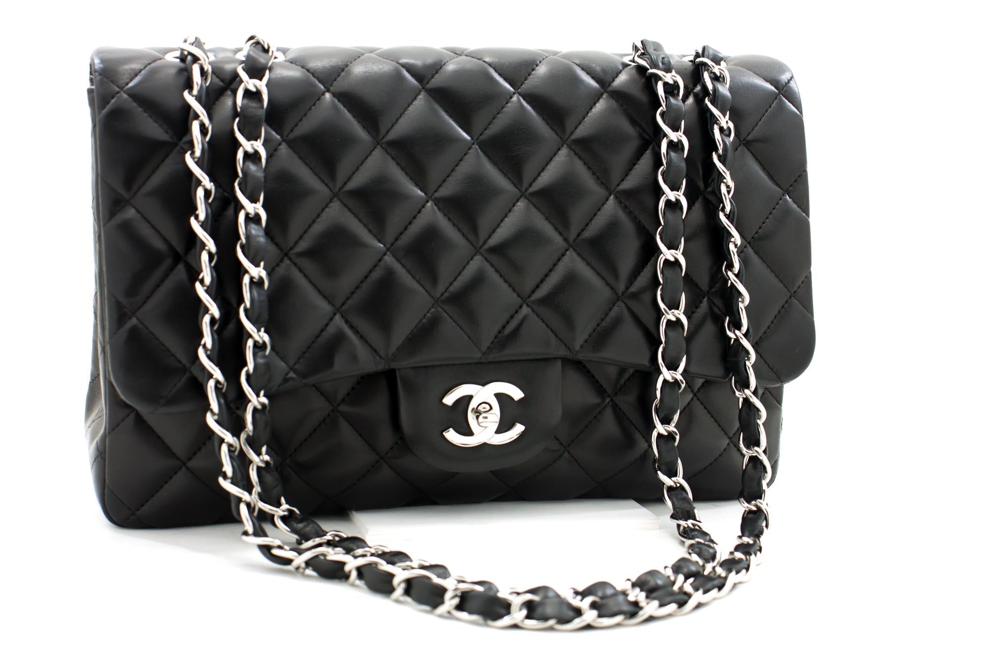 Chanel Large Classic Handbag 11"Chain Shoulder Bag Flap Black Lamb h44