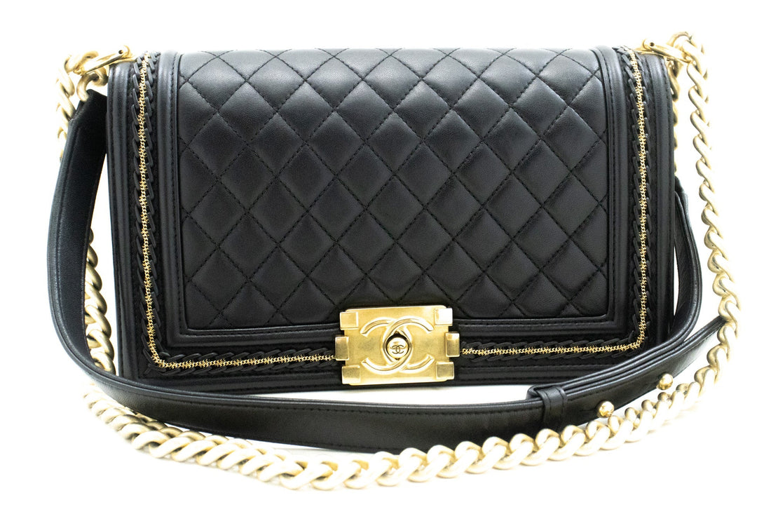 CHANEL Boy Chain Shoulder Bag Black Quilted Flap Lambskin Leather