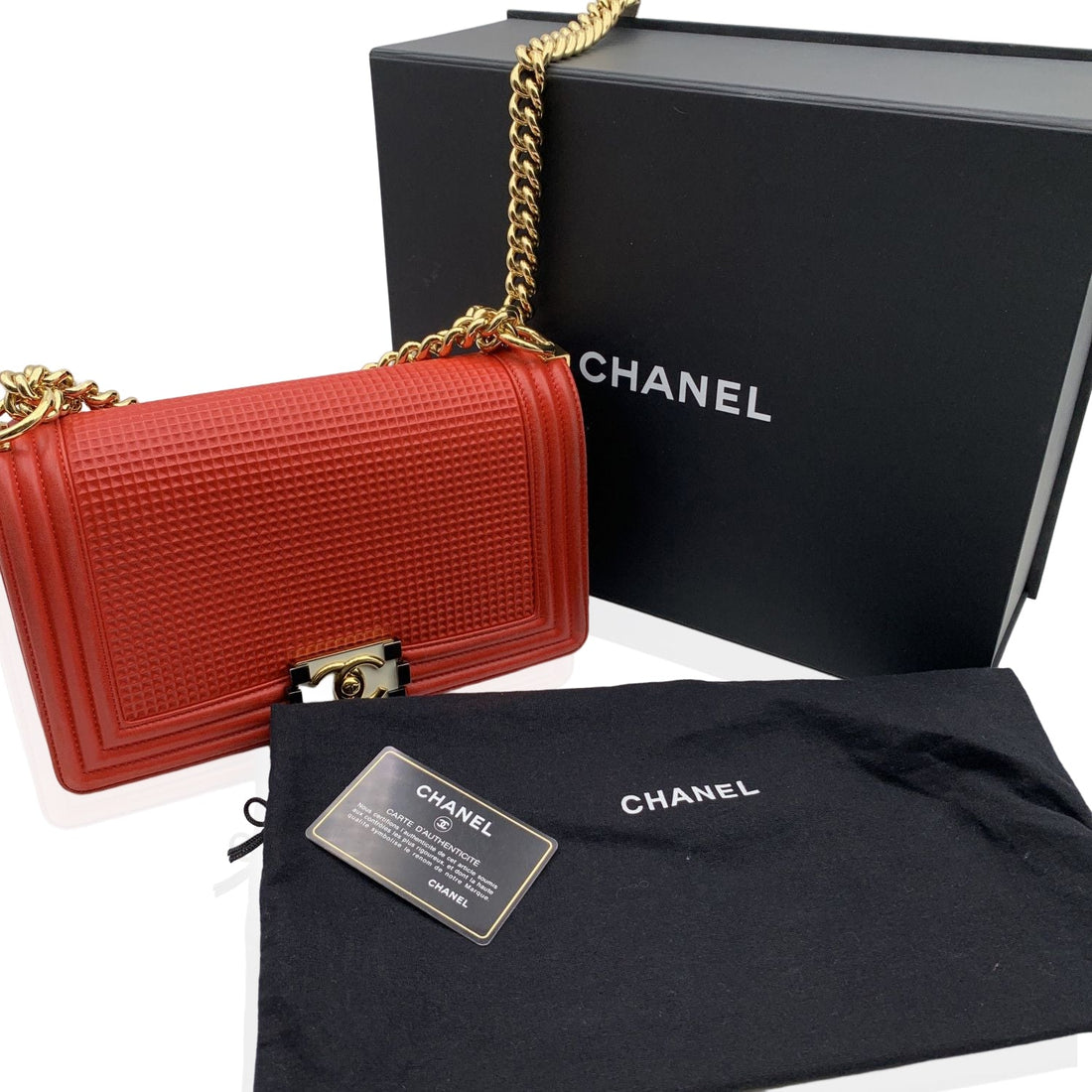 CHANEL Red Cube Embossed Leather Medium Boy Shoulder Bag