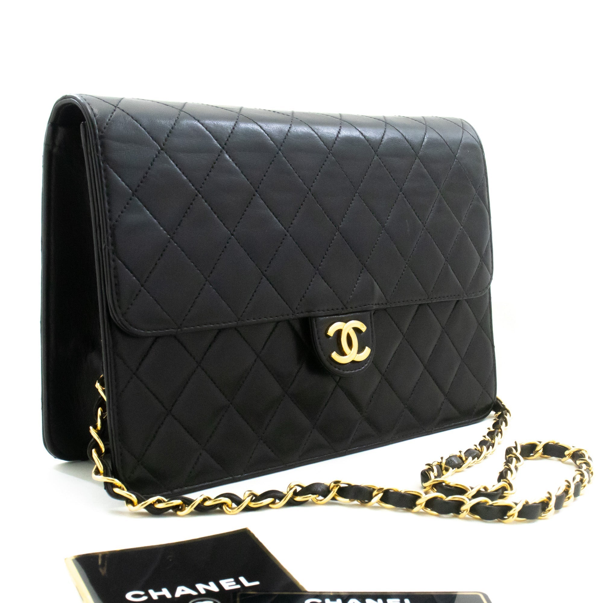 CHANEL Chain Shoulder Bag Clutch Black Quilted Flap Lambskin Purse
