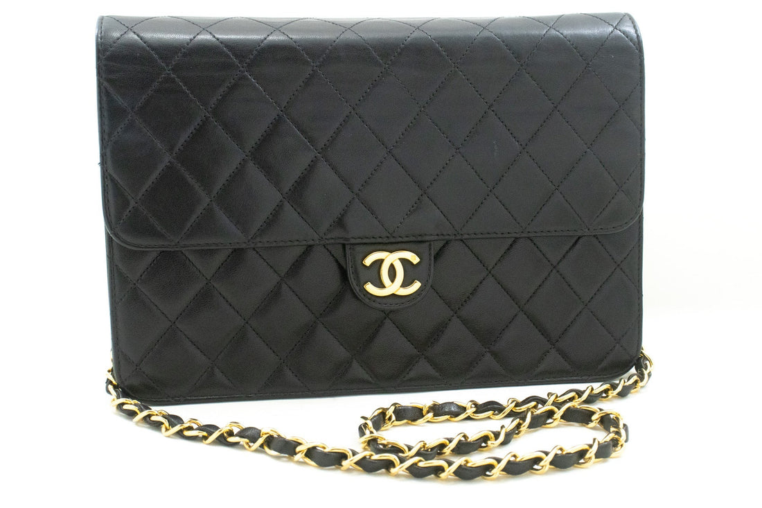 CHANEL Chain Shoulder Bag Clutch Black Quilted Flap Lambskin Purse