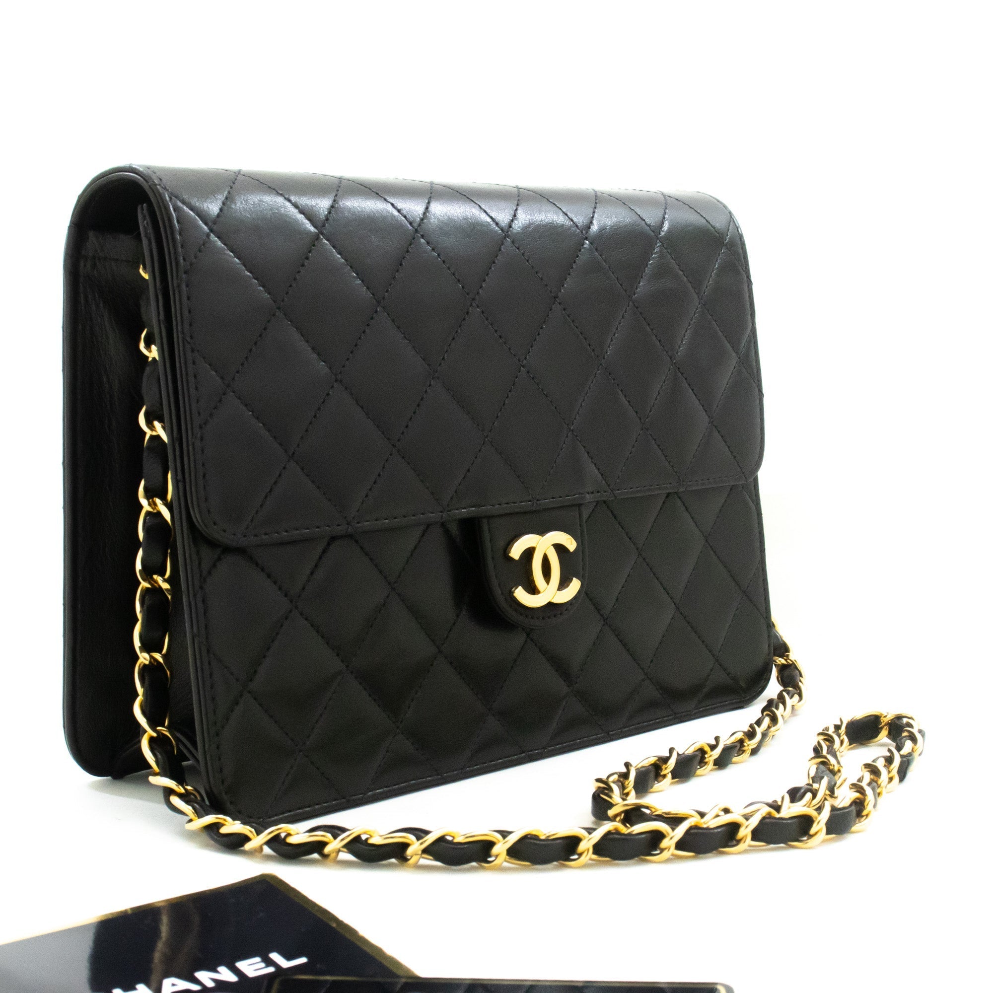 CHANEL Chain Shoulder Bag Clutch Black Quilted Flap Lambskin Purse
