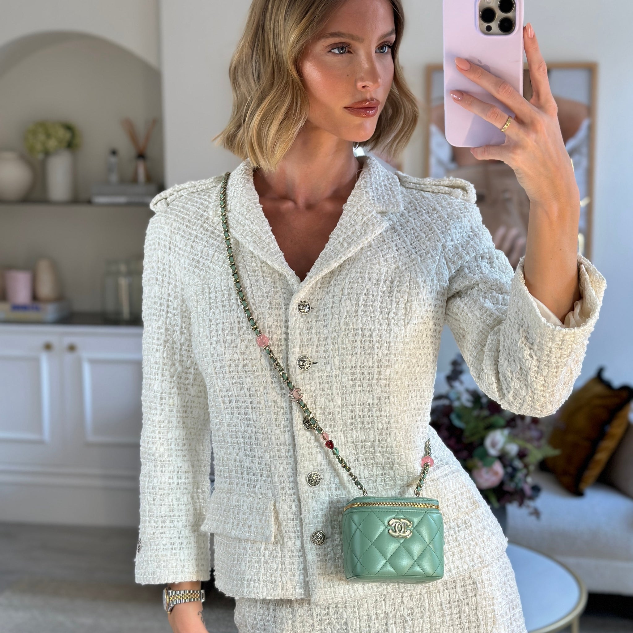 Chanel Pistachio Green Coco Crush Mini Vanity Bag in Lambskin Leather with Champagne Gold & Green Enamel Hardware