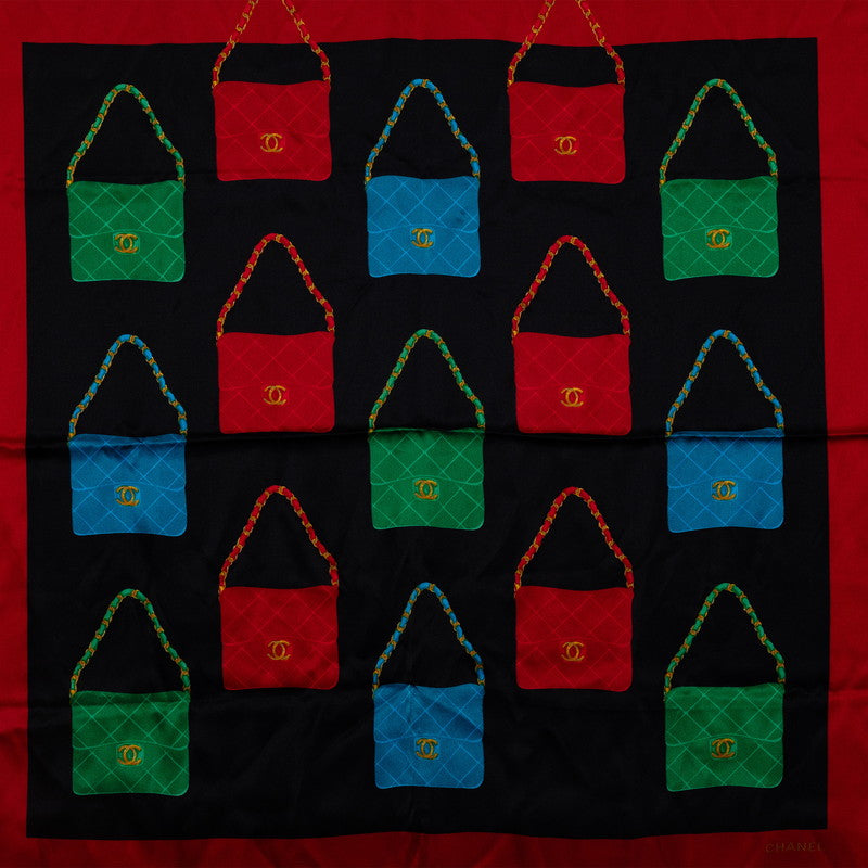 CHANEL Vintage Silk Scarf Red Flap Bag Motifs