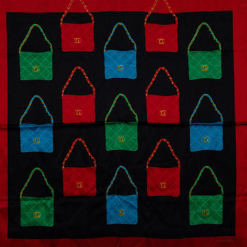 CHANEL Vintage Silk Scarf Red Flap Bag Motifs