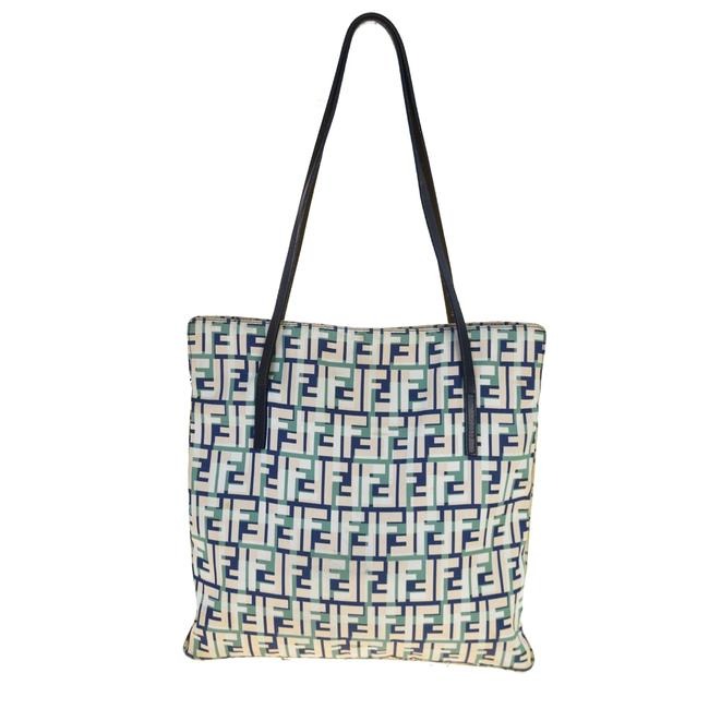 Fendi Canvasleather Top Handle Satcheltote Bluegreenwhite Zucco Print Leather And Canvas Tote