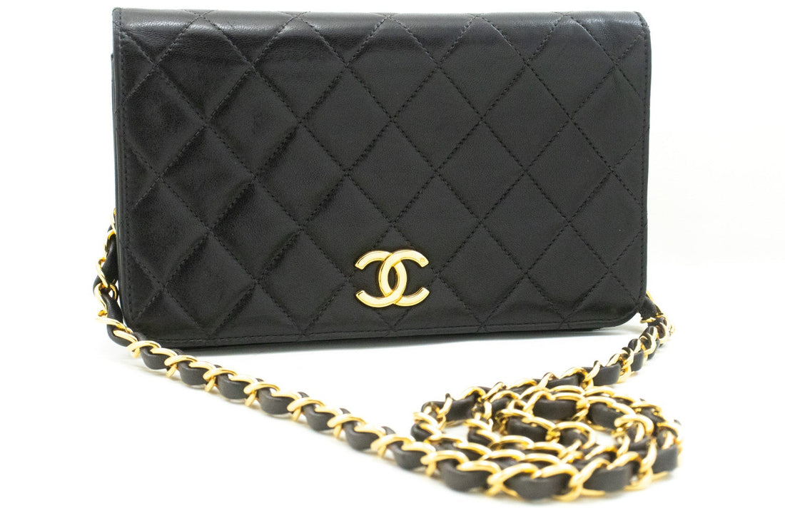 CHANEL Full Flap Chain Shoulder Bag Clutch Black Quilted Lambskin