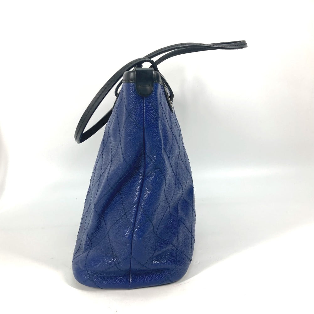 CHANEL Tote Bag Caviar skin Navy Comes with CC charm Matrasse quilting Women Used