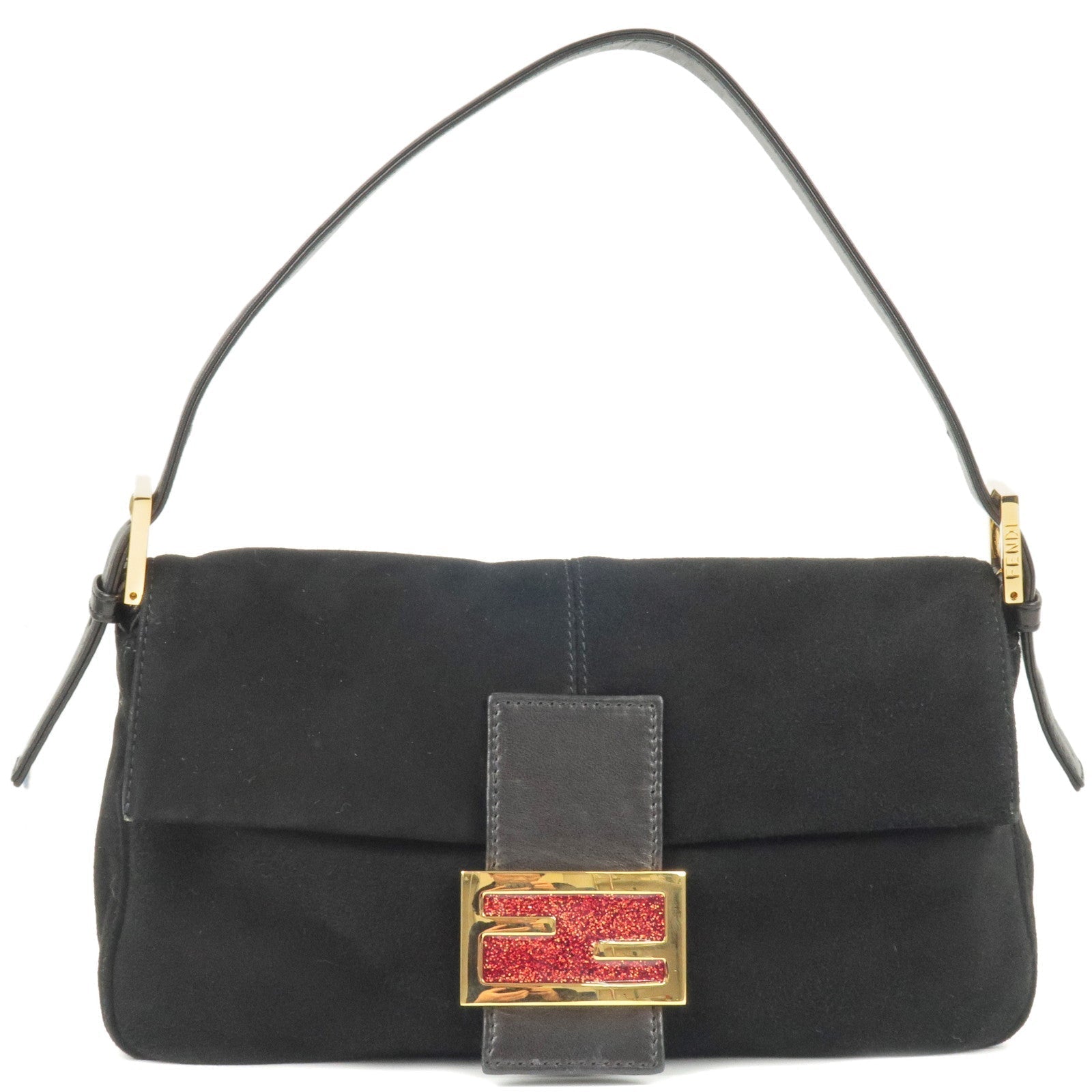 FENDI Suede Leather Mamma Baguette Shoulder Bag Black 26424