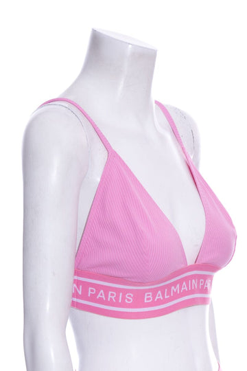 Balmain Pink Ribbed Triangle Logo Swimsuit Top SZ 44 NWT