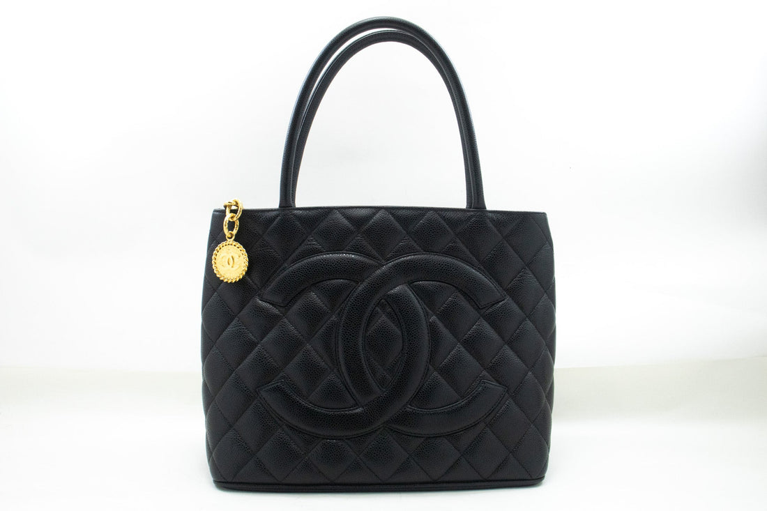 CHANEL Gold Medallion Caviar Shoulder Bag Grand Shopping Tote