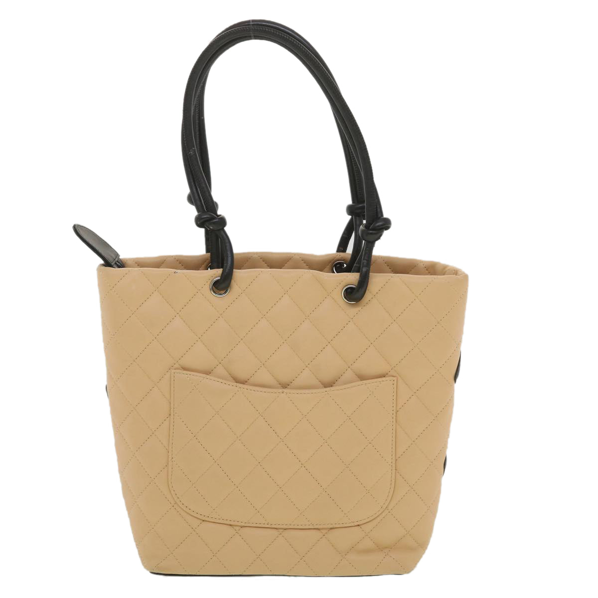 Chanel Cambon Line Tote Bag Lamb Skin Beige Black CC  36768
