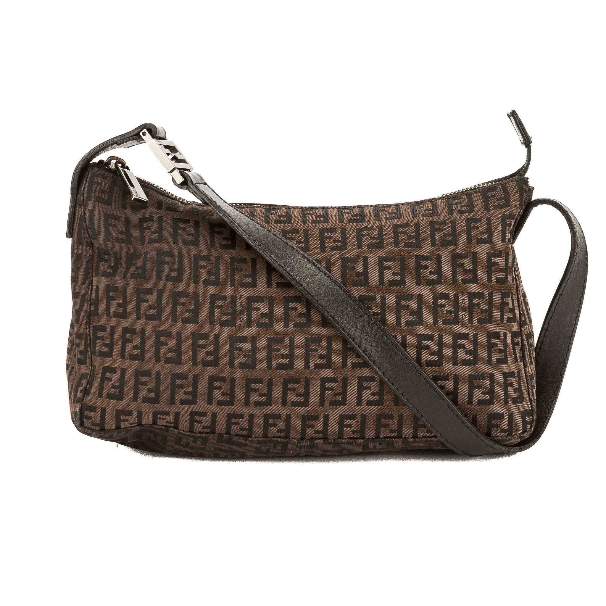 Fendi Dark Brown Leather Zucca Canvas Tote Bag