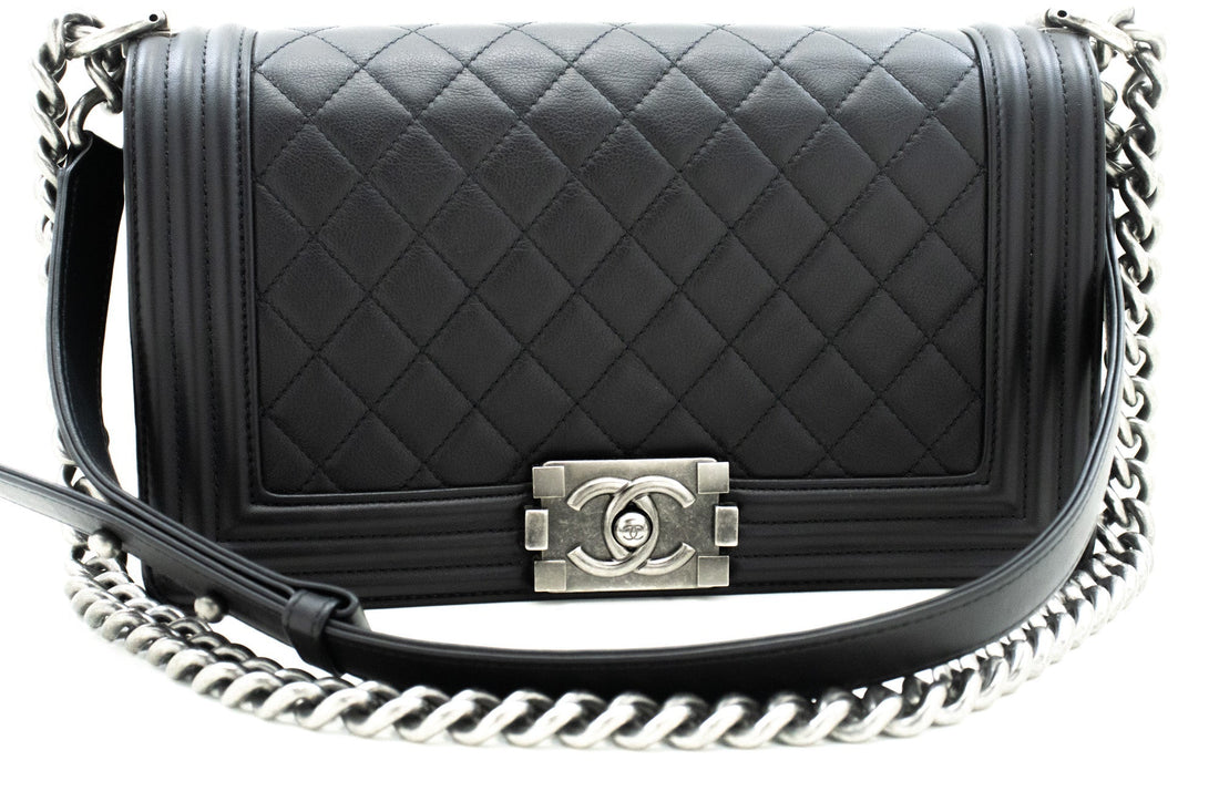 CHANEL Boy Chain Shoulder Bag Black Quilted Flap Calfskin Leather