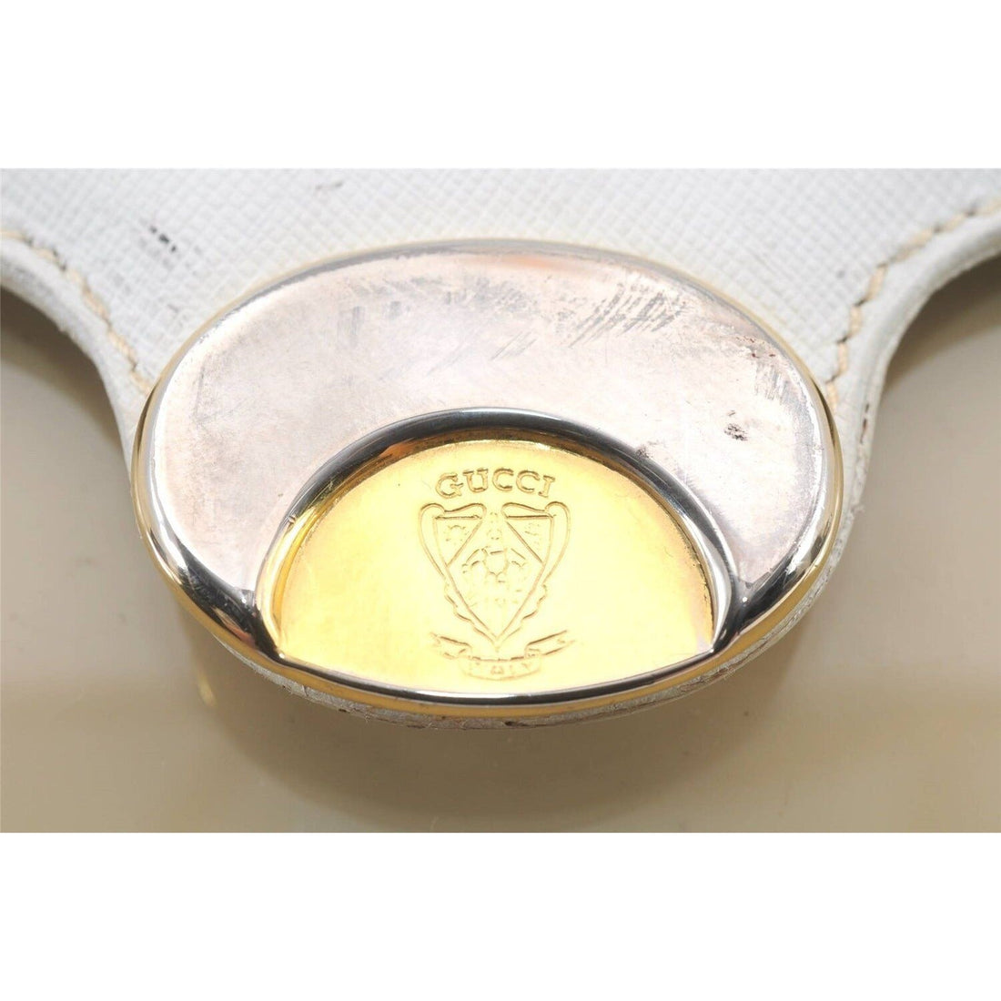 Vintage Gucci beige Lucite boxy, hard, clam shell style cross body/shoulder purse with a white leather flap top and gold horse-bit accents