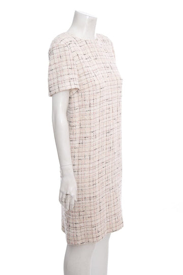 Chanel Pink and White Short Sleeve Tweed Dress SZ 42