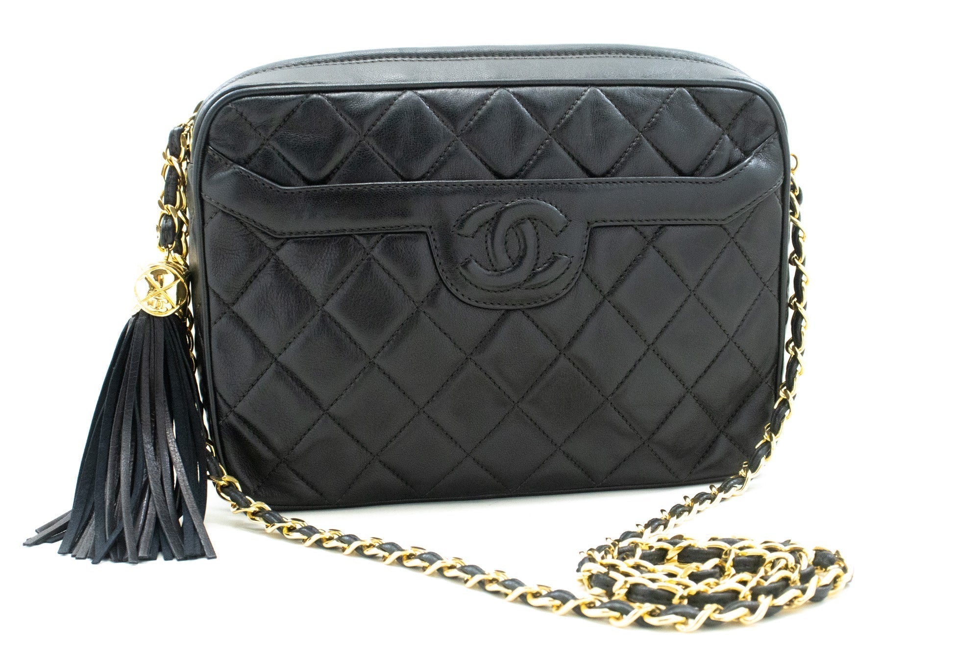 CHANEL Vintage Tassel Chain Shoulder Bag Black Quilted Zipper Lamb