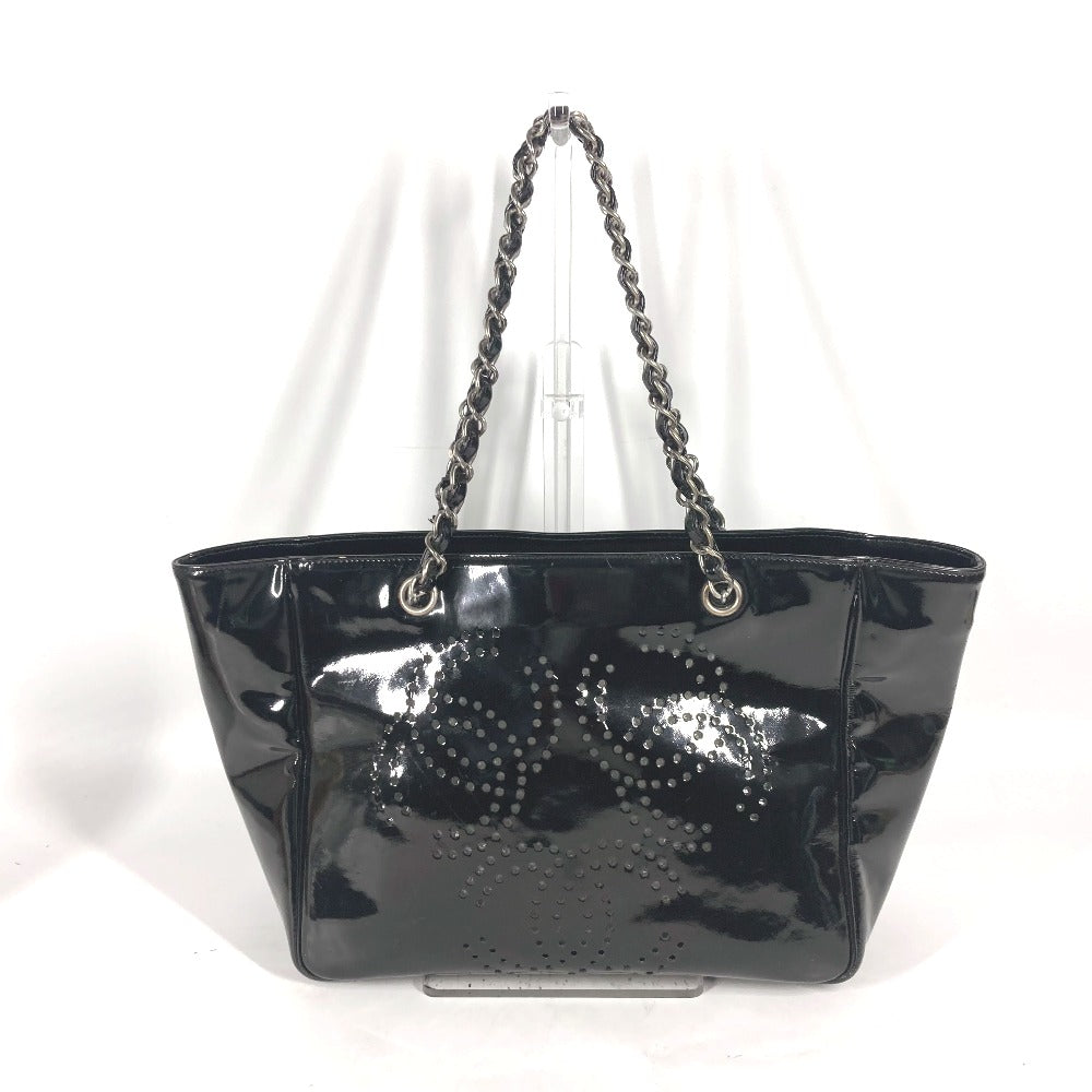 CHANEL Tote Bag enamel black Triple Coco punching logo CC COCO Mark Women Used