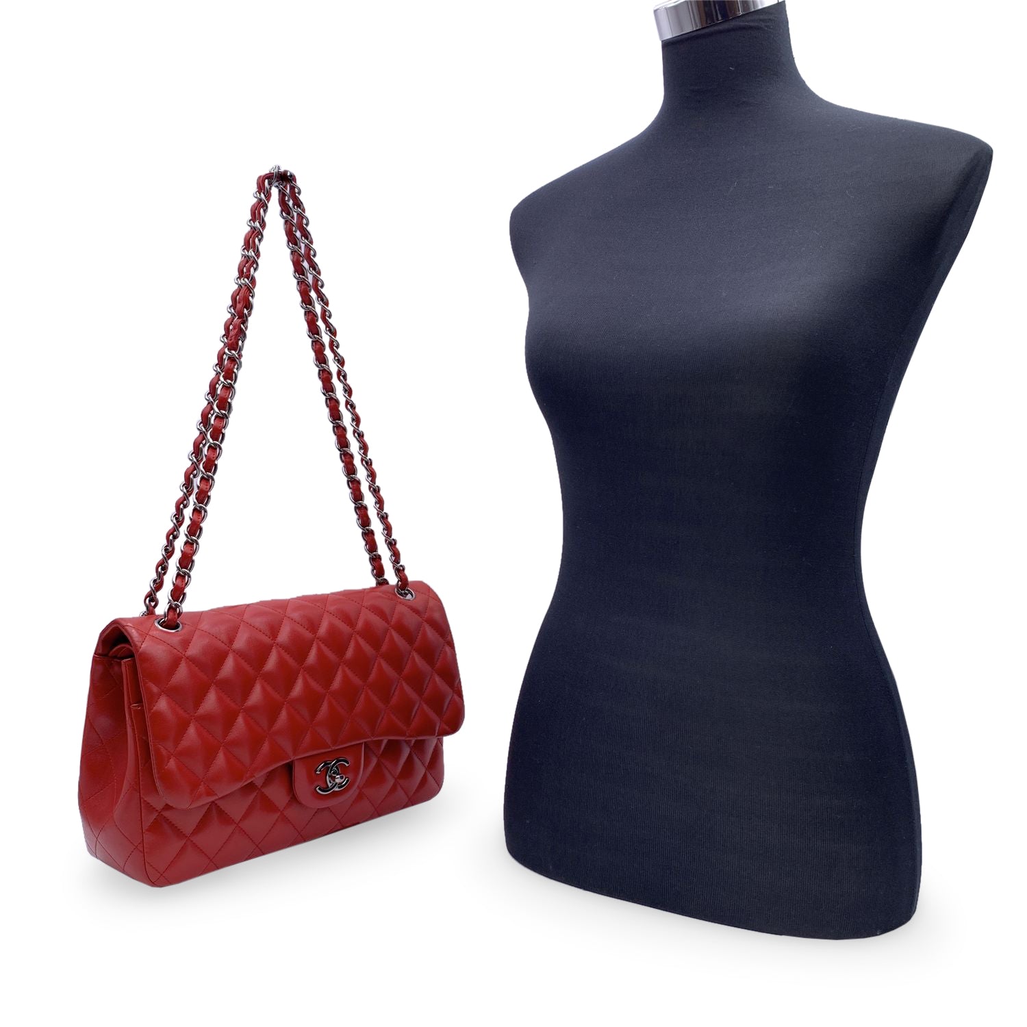 CHANEL Red Quilted Jumbo Timeless Classic Shoulder Bag 30 Cm