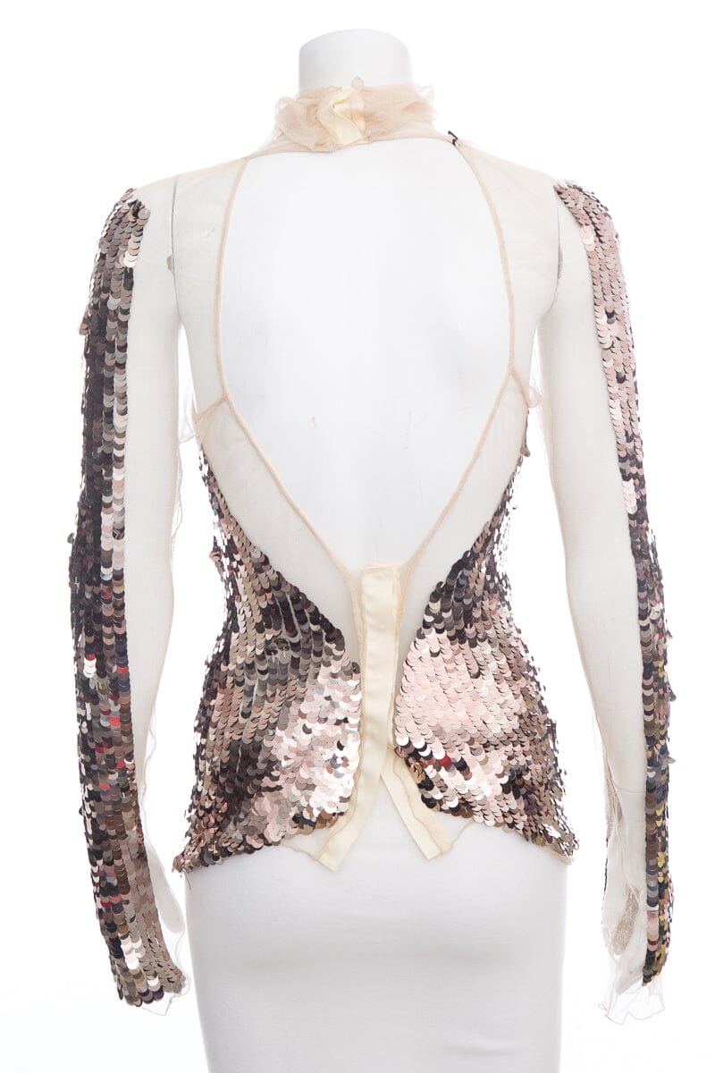 Prada Silver Sequin Long Sleeve Blouse SZ 40