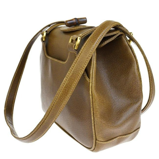Gucci W Top Handle Purse Accent Brown Leatherbamboo And Shoulder Bag