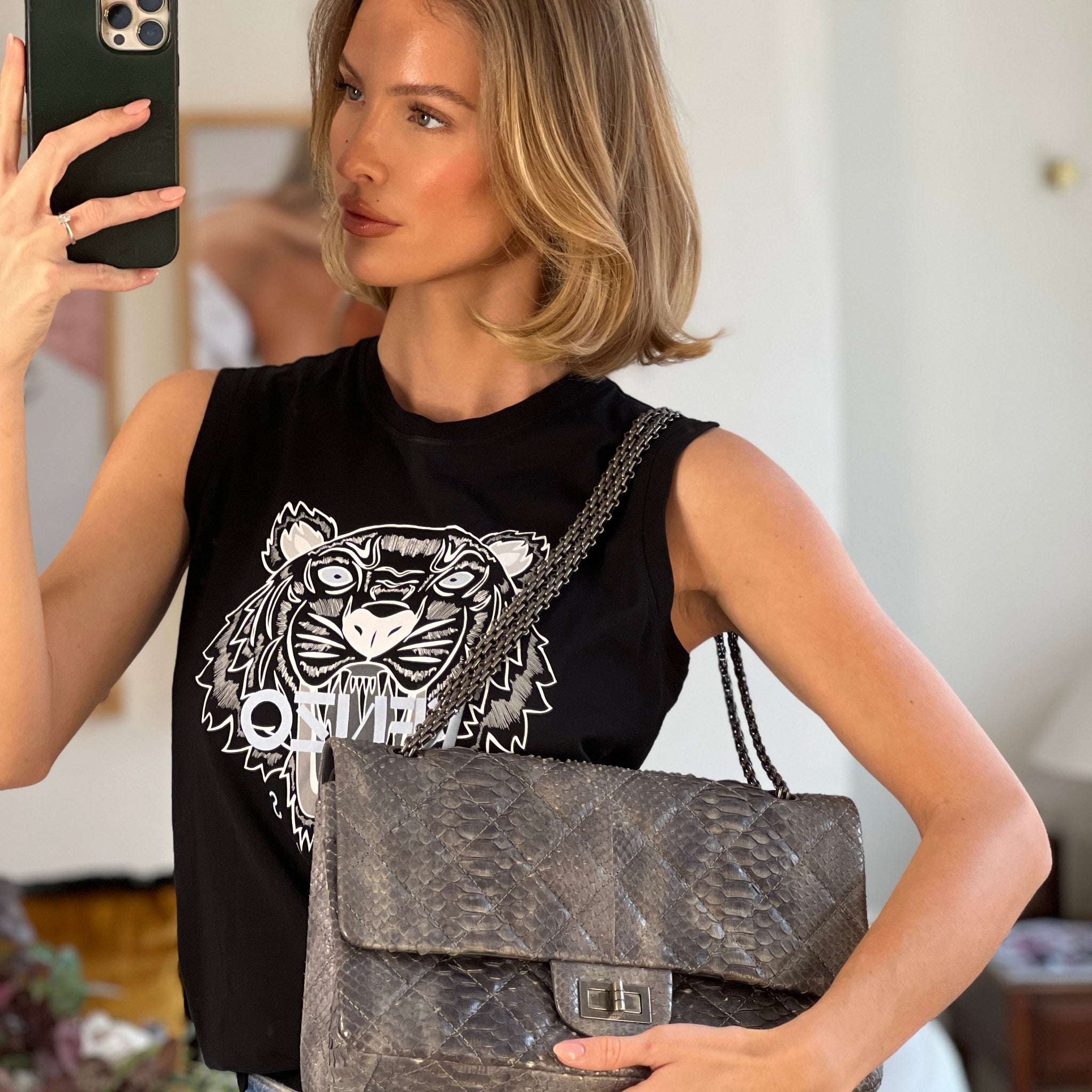 Chanel Storm Grey Jumbo Classic Double Flap 2.55 Reissue Bag in Python Leather with Ruthenium  Hardware