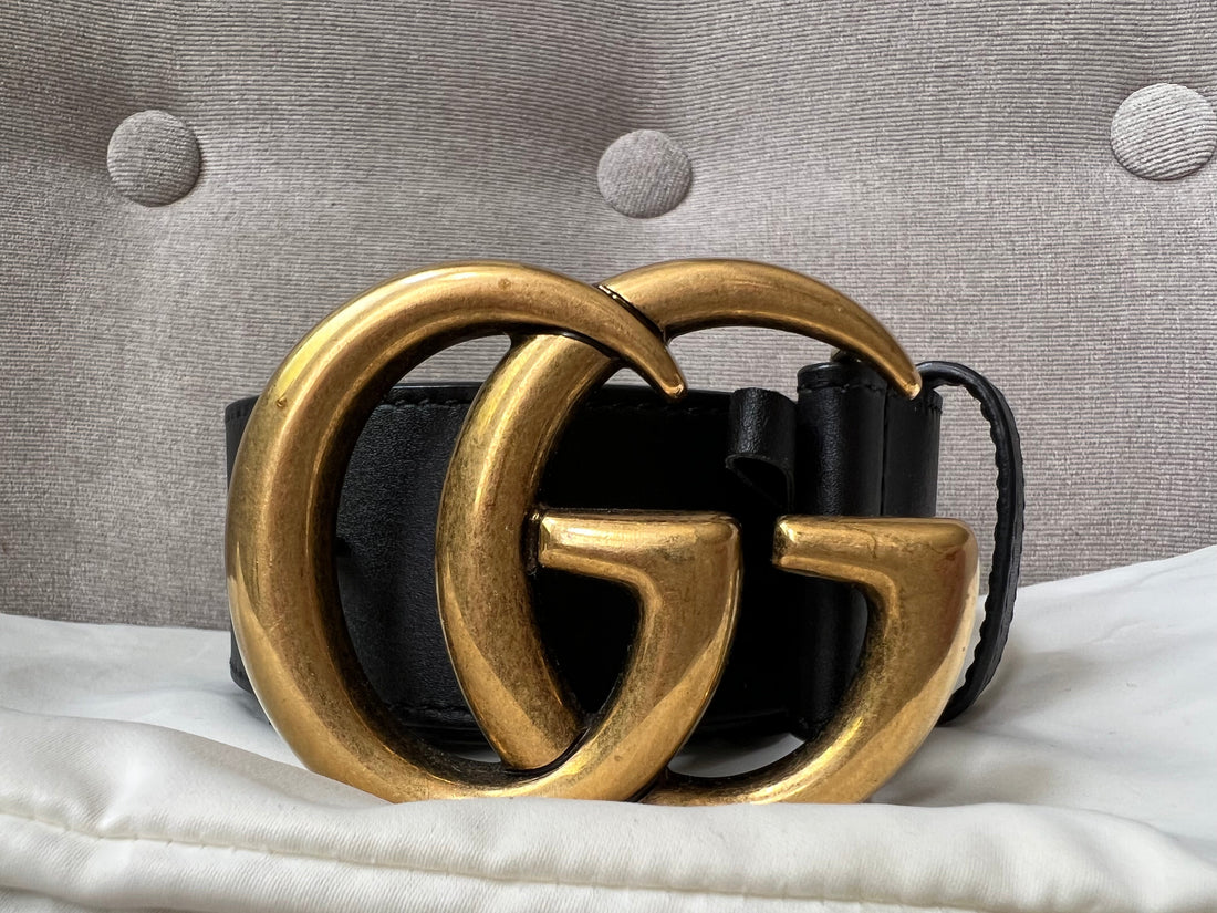 Gucci GG 2015 Re edition Marmont Black Wide Leather Belt with Gold Buckle