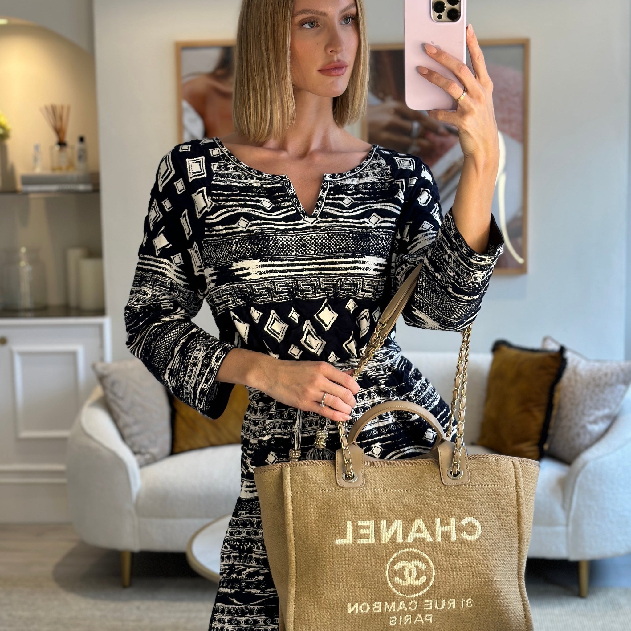 Chanel Dark Beige Canvas Small Deauville Tote Bag with CC Logo Print and Champagne Gold Hardware