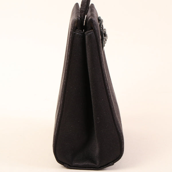 CHANEL Around 2000 Made Silk Satin Rhinestone Camellia Cc Mark Mini Top Handle Bag Black