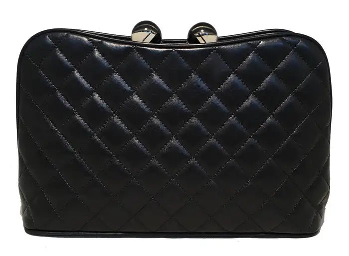 Chanel Black Leather Crystal Ball Kiss lock Clutch