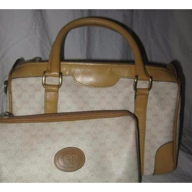 Gucci Vintage Camel Leather And Small G Logo Print On Ivory Coated Canvas
