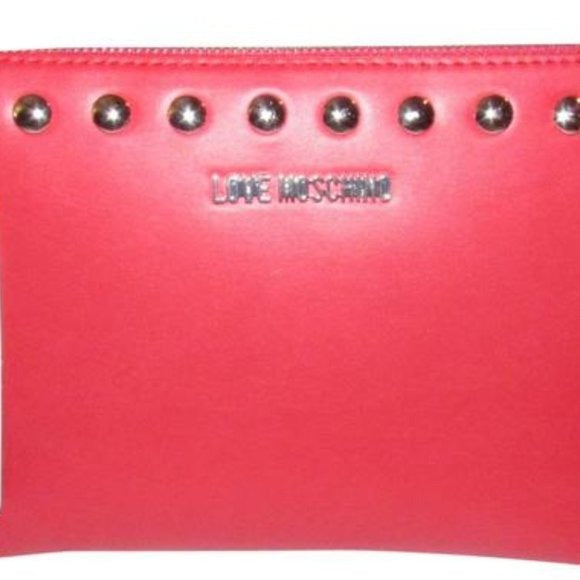 AMAZING, NWT, Moschino, true red leather, retro, clutch or cosmetic bag with chrome studs, a zip top closure, an XL engraved chrome zipper fob, and polished chrome hardware