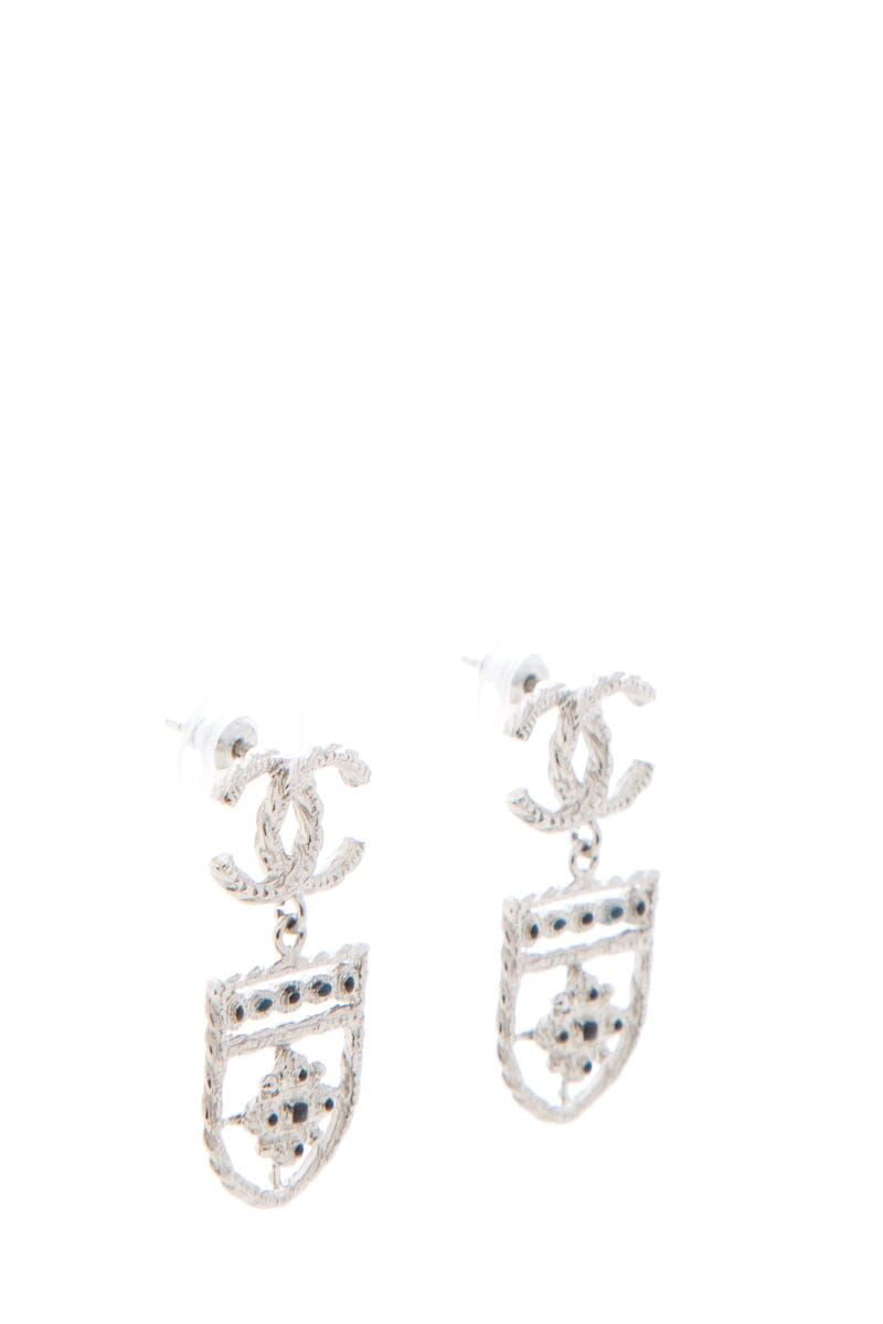 Chanel Silver Shield Detail Dangle CC Logo Earrings