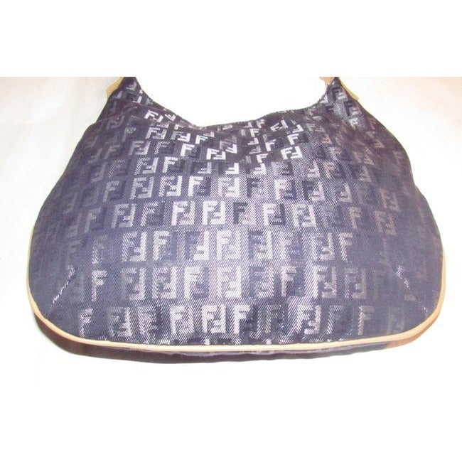 Fendi Style Shoulder Purse Zucchino Or Small F Logo Print Canvas In Shades Of Blues And Grey And Cam