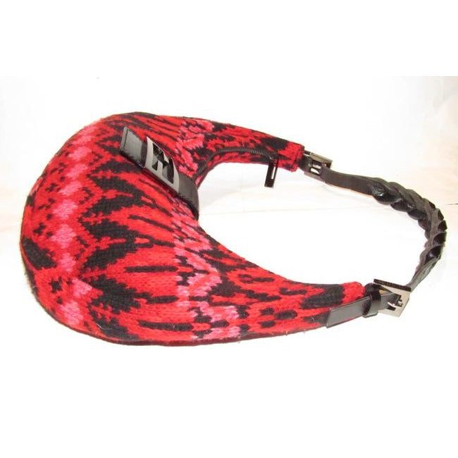 Fendi Style Shoulder Purses Red Pink And Black Knit Design Wool And Black Leather Hobo Bag