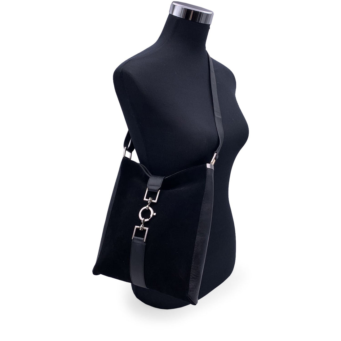 GUCCI Black Suede And Leather Vertical Shoulder Bag Tote