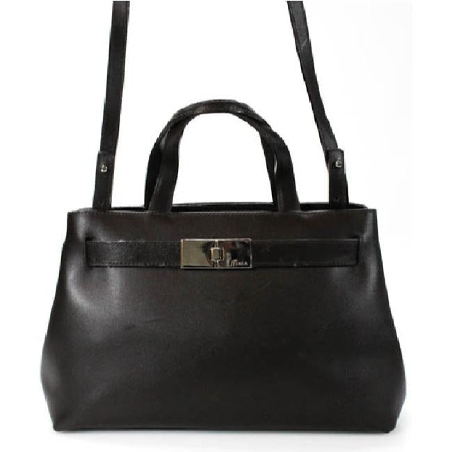 Furla, two handle, two-way style- cross body, shoulder or satchel style bag in a dark brown leather with chrome hardware