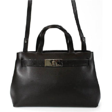 Furla, two handle, two-way style- cross body, shoulder or satchel style bag in a dark brown leather with chrome hardware