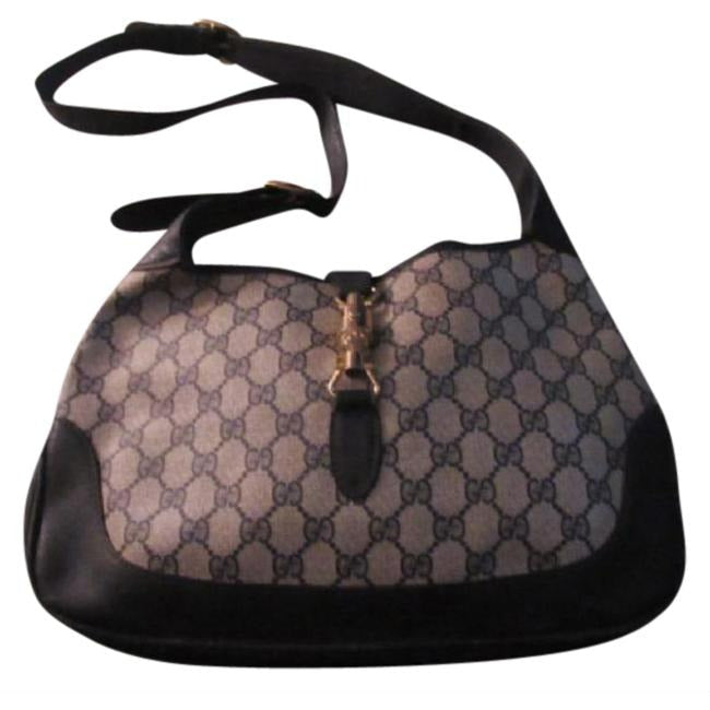 Mod, Gucci, 1961 Jackie- O style, dark blue Guccissima print coated canvas and navy leather, shoulder bag with gold piston closure and strap extender