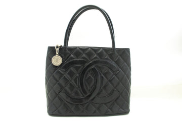 CHANEL Silver Medallion Caviar Shoulder Bag Shopping Tote Black SV