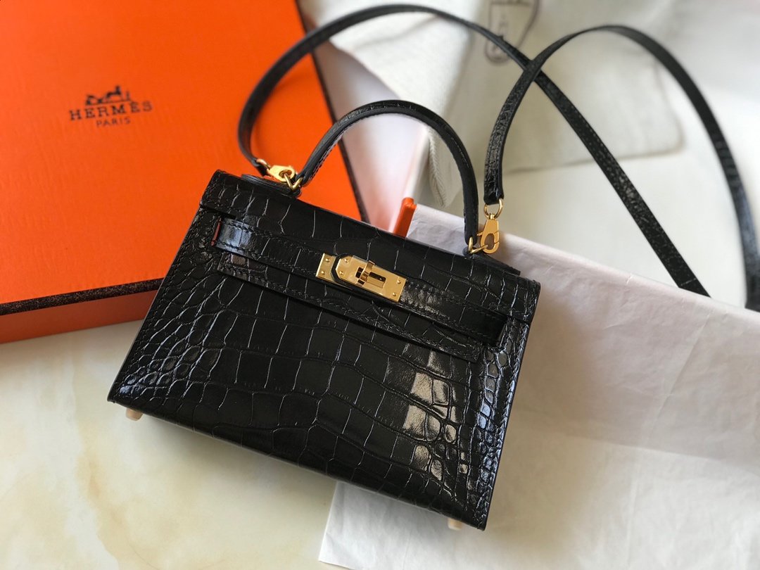 HM Mini Kelly 19 Black Crocodile Bag For Womtlm, Handbags, Shoulder Bags 7.5in/19cm